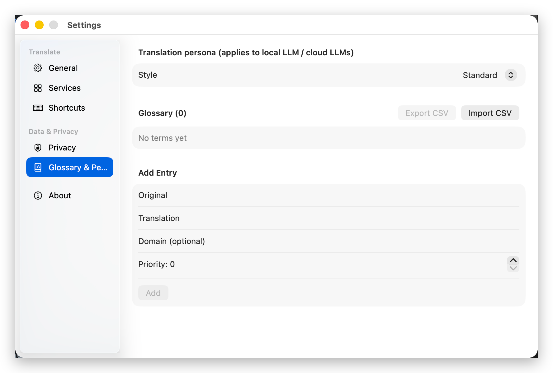 Settings · Glossary & Persona
