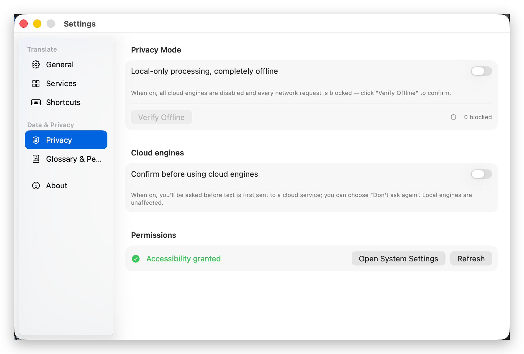 Settings · Privacy