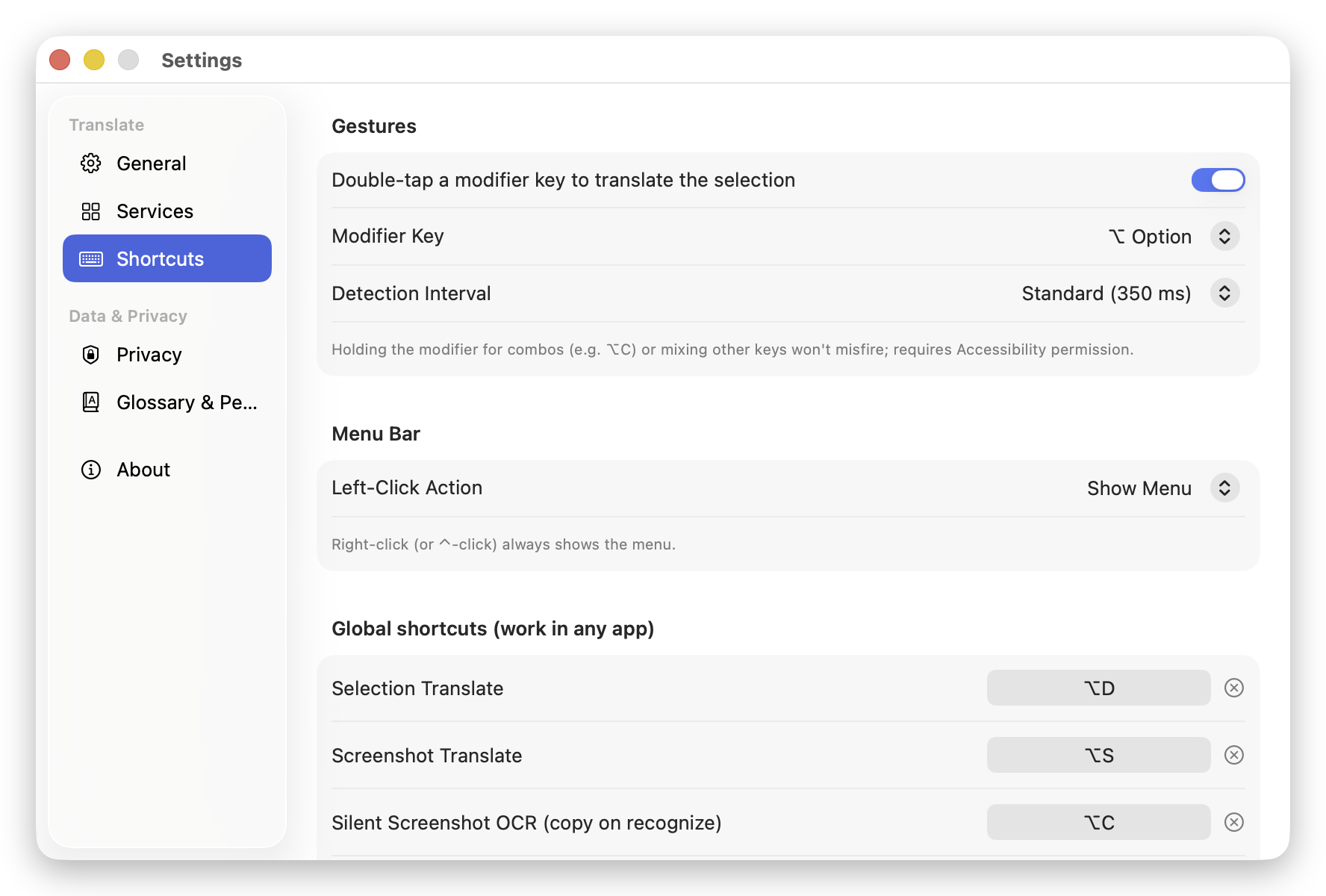 Settings · Shortcuts
